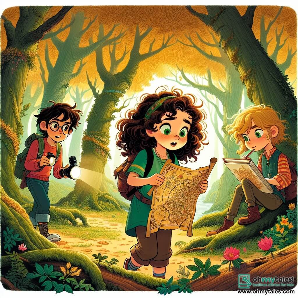 Une illustration sous forme de dessin destinée aux enfants représentant une forêt enchantée, avec des arbres majestueux aux feuilles dorées, où une fille de 11 ans aux cheveux bouclés et aux yeux verts, portant un t-shirt coloré et un sac à dos, examine une vieille carte au trésor avec émerveillement, tandis qu'à ses côtés, un garçon aux cheveux bruns et aux lunettes, tenant une lampe de poche, et une fille aux cheveux longs et blonds, esquissant des fleurs dans son carnet, l'observent avec excitation, tous trois prêts à partir à l'aventure pour découvrir le cœur de la forêt.