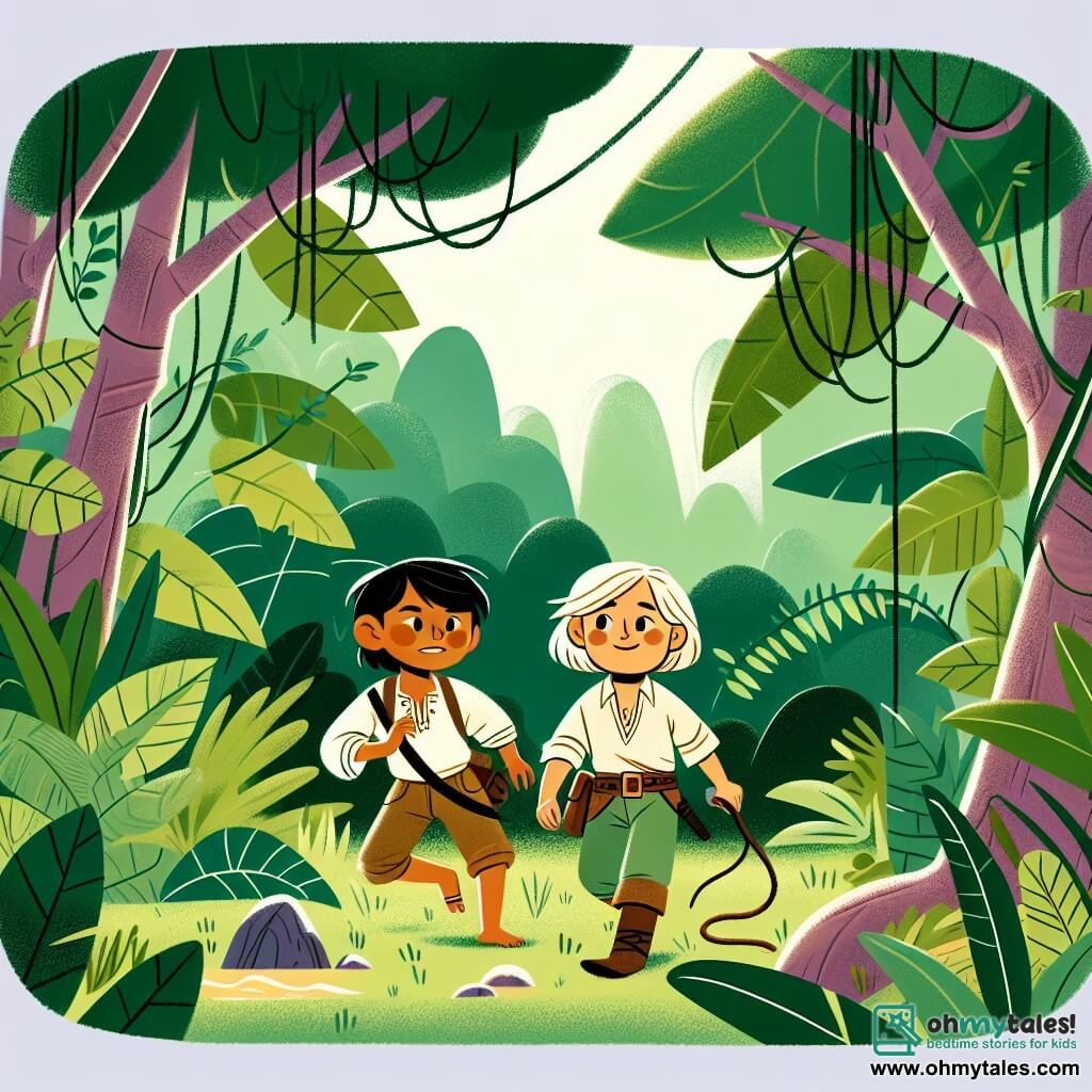 Une illustration destinée aux enfants représentant une jeune exploratrice courageuse et déterminée, accompagnée d'un garçon natif curieux, se lançant dans une jungle luxuriante aux arbres touffus et aux lianes serpentines, à la recherche du mystérieux temple caché.