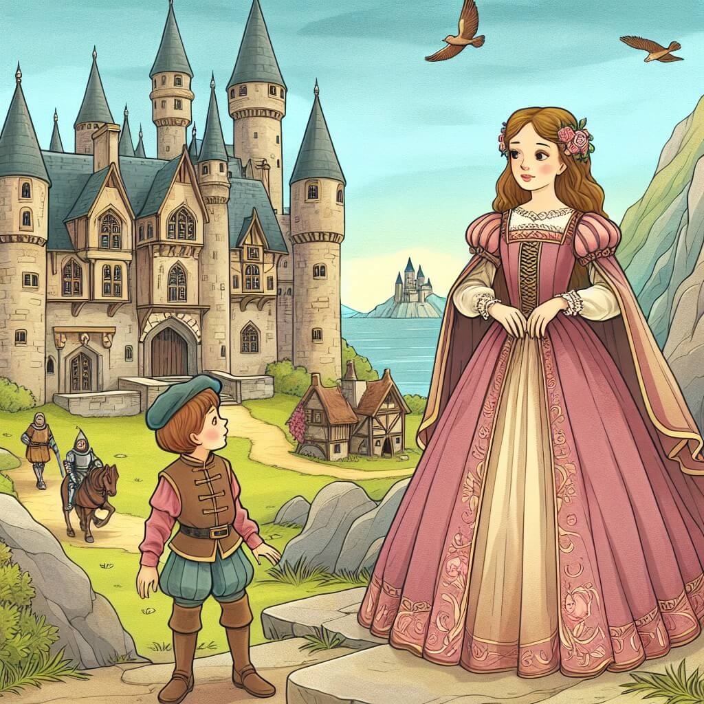 Une illustration destinée aux enfants représentant une jeune femme vêtue d'une robe médiévale, debout devant un majestueux château de pierre, avec un petit écuyer à ses côtés, dans le village enchanté de Camelot, où elle découvre un mystérieux moyen de voyager dans le temps.