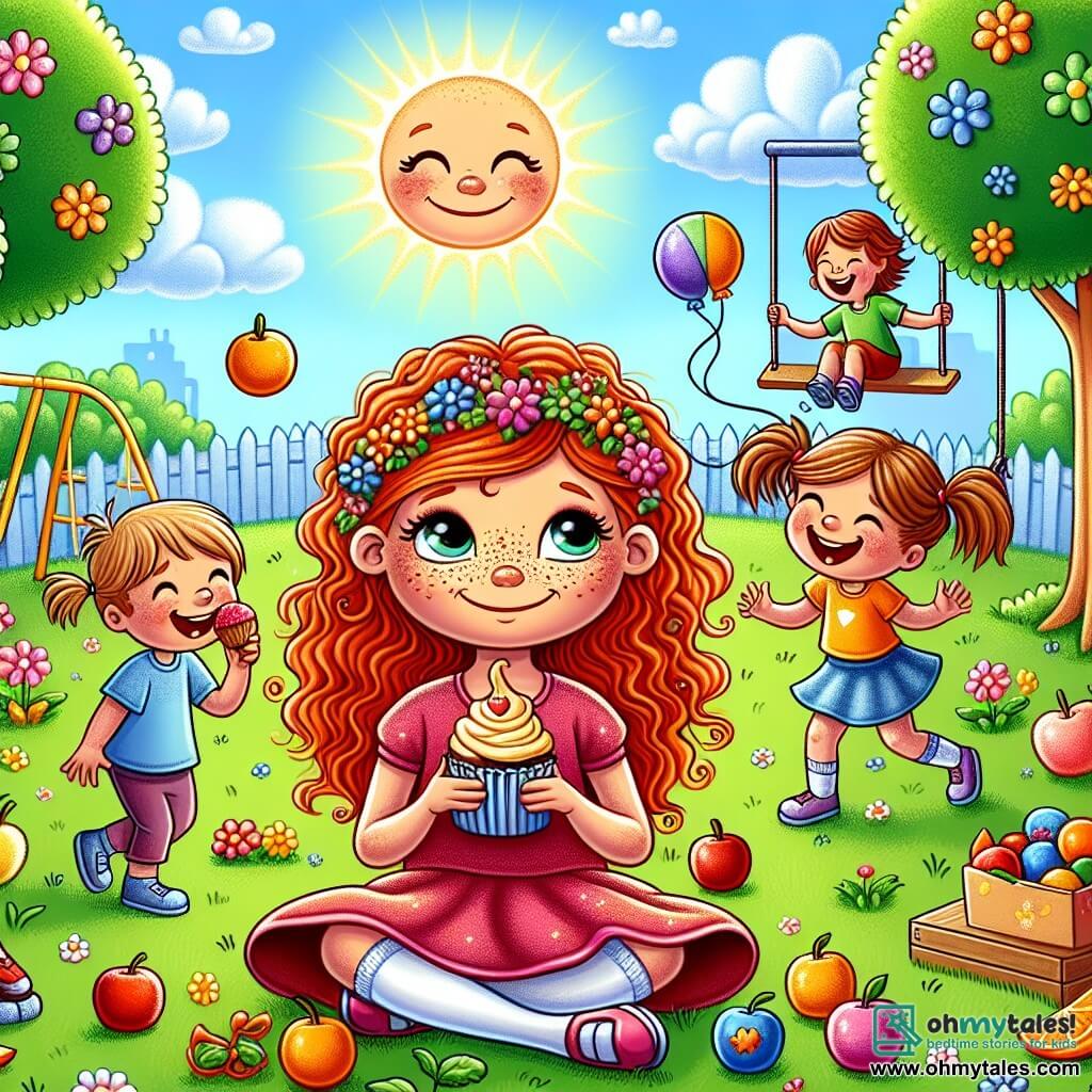 An illustration depicting a sunny park with vibrant green trees, colorful flowers, and a blue sky dotted with fluffy white clouds. In the center, an 8-year-old girl with curly red hair and freckles is sitting on a bench, radiating a smile despite a hint of worry in her eyes. Next to her, two friends, one with brown hair in a ponytail and the other with short blonde hair, are juggling colorful fruits like oranges and apples, laughing together. The scene shows the red-haired girl holding a cupcake decorated with a smiling face, symbolizing her strength and courage in the face of illness. In the background, children are playing on swings and slides, adding a cheerful and friendly atmosphere to the illustration.