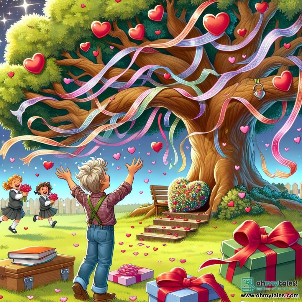 Une illustration destinée aux enfants représentant un garçon enthousiaste découvrant une surprise de la Saint-Valentin préparée par ses amis sous le majestueux chêne de la cour de récréation, avec des cœurs colorés suspendus aux branches et des rubans chatoyants dansant au vent.