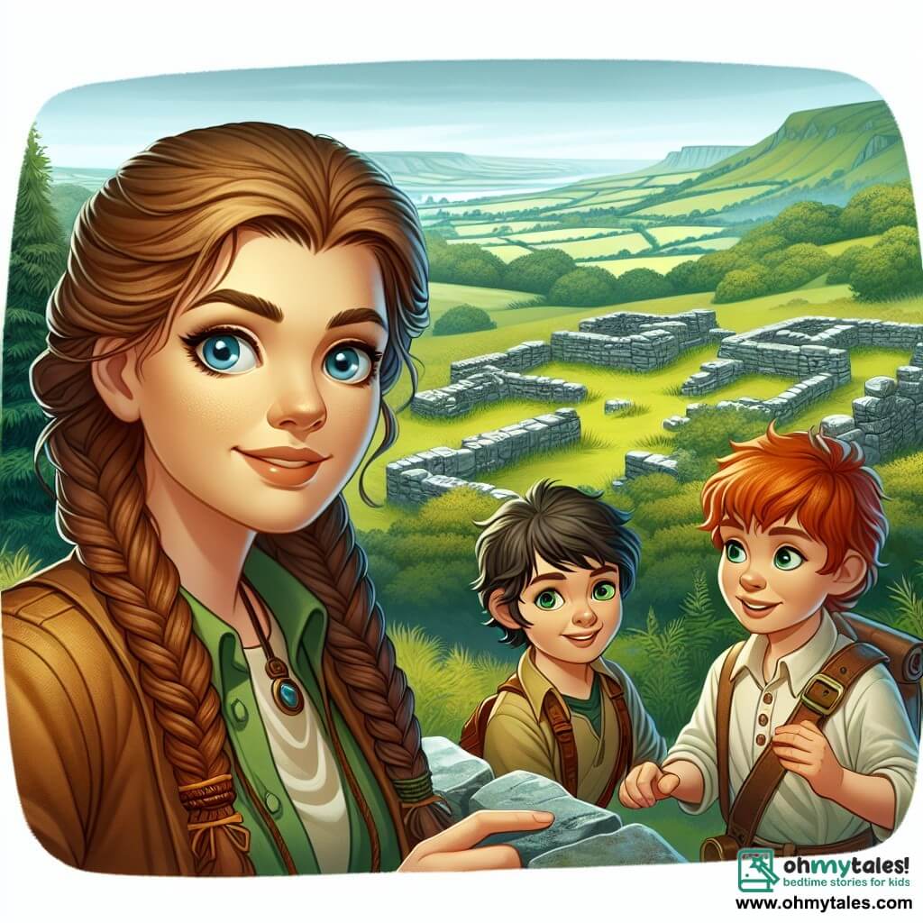 Une illustration destinée aux enfants représentant une archéologue femme, accompagnée de deux enfants, une fille aux cheveux tressés et des yeux bleus et un garçon au sourire espiègle, explorant des ruines anciennes au milieu de collines verdoyantes et de forêts mystérieuses.