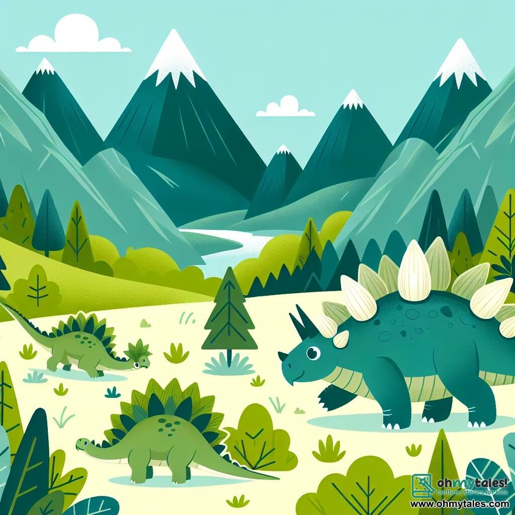 Une illustration destinée aux enfants représentant un stégosaure amical explorant une vallée luxuriante entourée de montagnes majestueuses, accompagné d'une jeune tricératops perdue, dans un monde préhistorique vibrant de vie et de mystères.