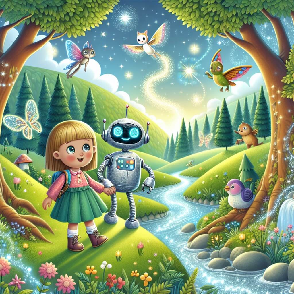 Une illustration destinée aux enfants représentant une jeune fille curieuse, accompagnée d'un robot étincelant, explorant une forêt enchantée remplie de créatures magiques, entre des collines verdoyantes et des ruisseaux étincelants.