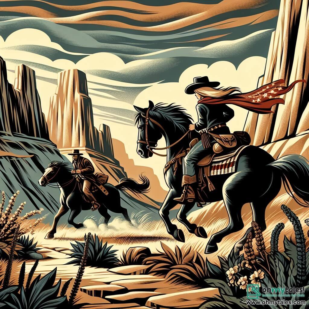 Une illustration destinée aux enfants représentant une courageuse cowgirl, chevauchant son fidèle cheval dans un canyon mystérieux, accompagnée d'un robuste étalon noir, au cœur de l'immensité sauvage et rocheuse du Far West.