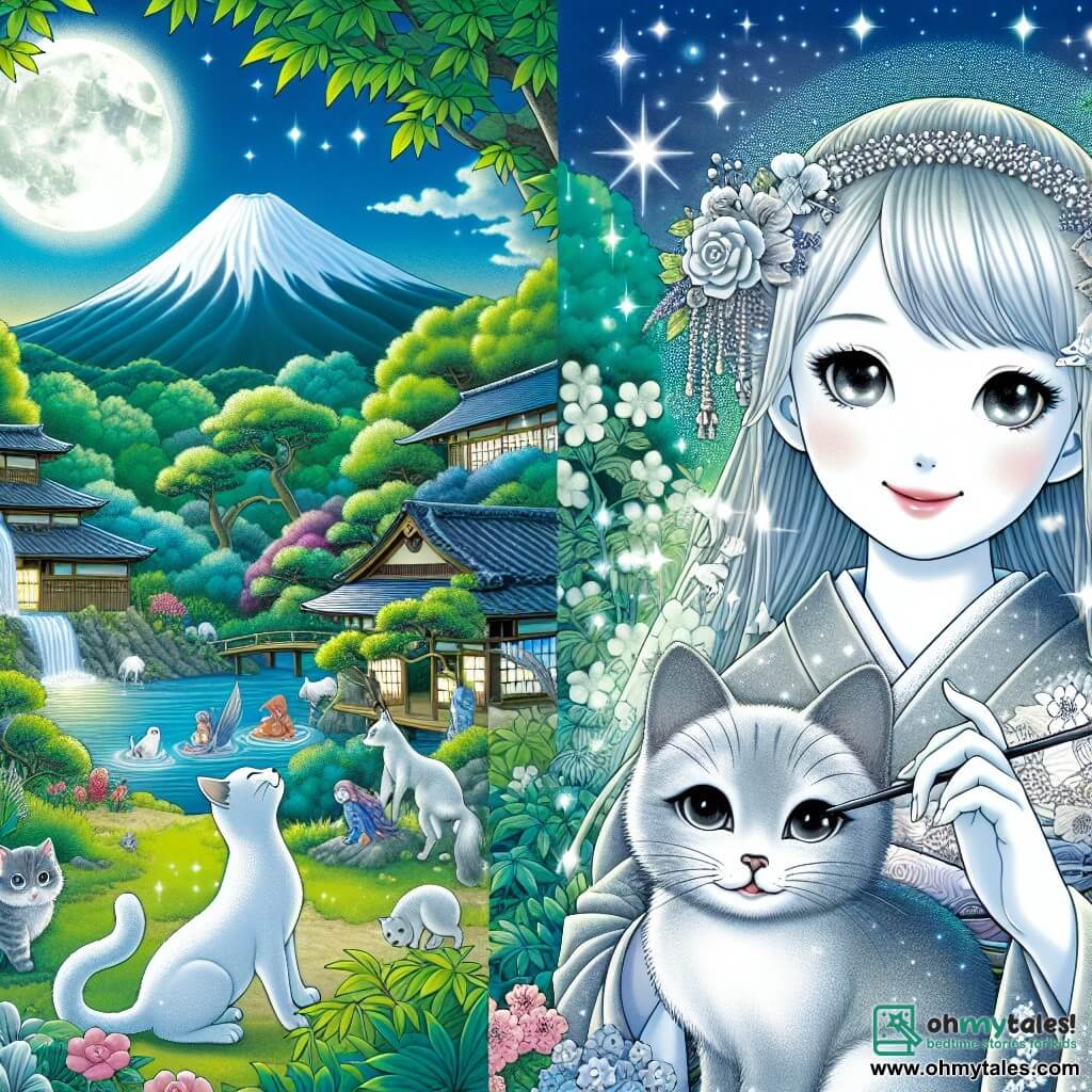 Une illustration destinée aux enfants représentant une femme bienveillante entourée de créatures magiques dans un jardin luxuriant illuminé par la lueur argentée de la lune, où une mystérieuse chatte argentée se transforme en une femme éblouissante aux cheveux argentés, dans un village japonais pittoresque au pied du Mont Fuji.
