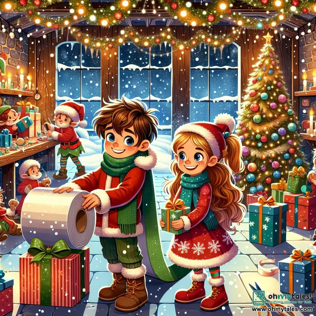 An illustration depicting a magical scene inside Santa Claus's workshop at the North Pole. The walls are adorned with sparkling fairy lights, and shelves overflow with colorful toys, while a large, decorated Christmas tree stands in the center, illuminated by golden candles. In the foreground, a nine-year-old boy with messy brown hair and sparkling eyes, wearing a red coat and green scarf, holds a large roll of wrapping paper. Next to him, a nine-year-old girl with curly red hair tied in two pigtails, dressed in a snowflake-patterned dress, smiles while holding a pair of golden scissors. The main scene shows the children happily wrapping gifts, surrounded by a festive atmosphere filled with laughter and warmth. Snowflakes gently fall outside the window, adding a touch of magic to this Christmas scene. In the background, pointy-eared elves in green and red costumes are busy making toys, while a jolly, rosy-cheeked man in traditional attire watches the scene with a benevolent smile. Golden stars float in the air, enhancing the enchanted ambiance of this illustration.