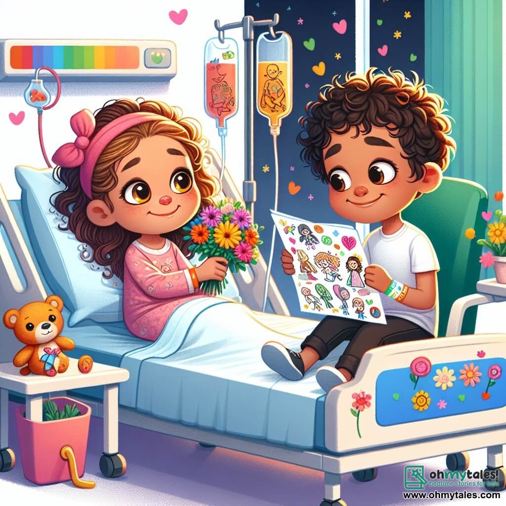 Une illustration sous forme de dessin destinée aux enfants représentant une chambre d'hôpital lumineuse et colorée, où une fille de 7 ans aux cheveux bouclés et aux yeux pétillants, assise sur son lit, sourit en tenant un bouquet de fleurs, tandis qu'à ses côtés, un garçon de 8 ans aux cheveux frisés et au sourire contagieux, lui lit une lettre pleine de dessins et de couleurs, symbolisant leur amitié et leur soutien mutuel face à la maladie.