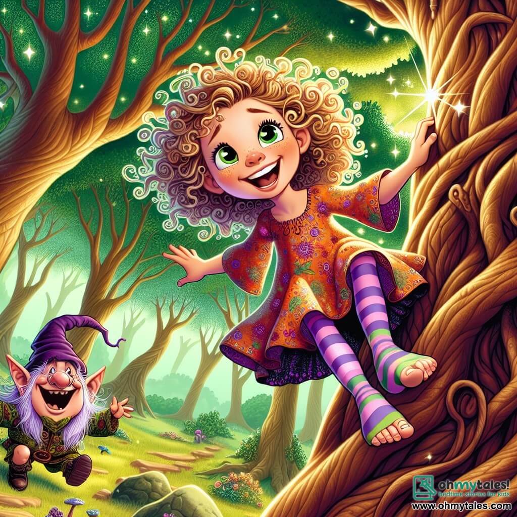 Une illustration sous forme de dessin destinée aux enfants représentant une forêt enchantée aux arbres majestueux aux feuilles scintillantes, où une fille de 11 ans aux cheveux bouclés et aux yeux verts pétillants, vêtue d'une robe colorée, grimpe avec détermination sur une branche d'un grand chêne, tandis qu'un petit gobelin aux cheveux violets, portant un chapeau décalé et des chaussettes dépareillées, rit joyeusement en bas, prêt à lui lancer un défi amusant, capturant l'esprit d'une aventure pleine de rires et de défis impossibles.