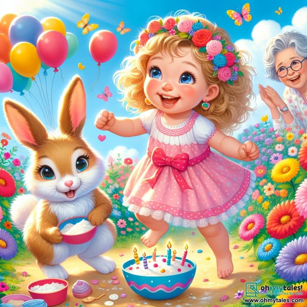An illustration depicts a joyful scene in a sunny garden filled with colorful flowers featuring vibrant red, yellow, and blue petals. In the center, a one-year-old girl with curly golden hair wears a cute pink dress with white polka dots. She is smiling widely, her hands covered in flour as she mixes ingredients in a large, colorful bowl. Next to her, a small rabbit with big ears, white fur, and brown spots jumps happily, holding a red balloon in its tiny paws, looking very excited with shining eyes. In the background, a smiling grandmother, about 60 years old with gray hair and glasses, watches the scene tenderly while holding a cake decorated with colorful candles. The main situation shows the little girl and her rabbit friend preparing for a birthday party, surrounded by floating balloons and flower garlands, with colorful butterflies flying around, adding a magical touch to this moment of joy and celebration.