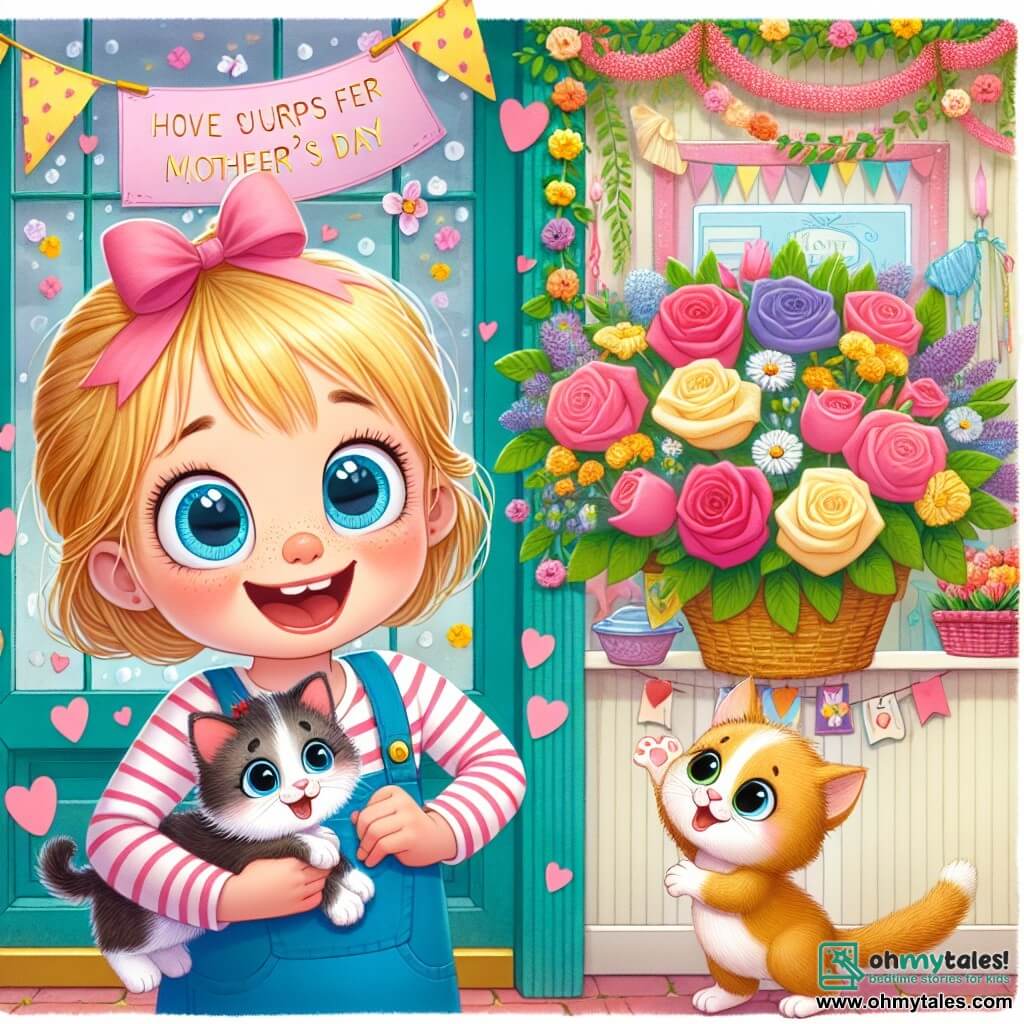 Une illustration destinée aux enfants représentant une fillette pleine d'enthousiasme et d'idées lumineuses qui souhaite surprendre sa maman pour la fête des mères, accompagnée d'un chaton espiègle, dans une charmante boutique de fleurs aux murs couverts de guirlandes colorées et embaumée d'un doux parfum de roses.