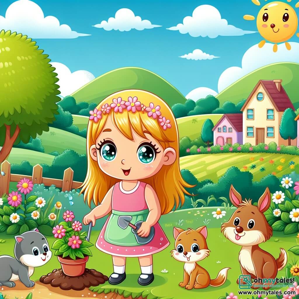 Une illustration destinée aux enfants représentant une petite fillette aux yeux pétillants, s'occupant de son jardin fleuri avec l'aide de ses amis animaux, dans une petite ville entourée de collines verdoyantes et de prairies luxuriantes baignées de soleil.
