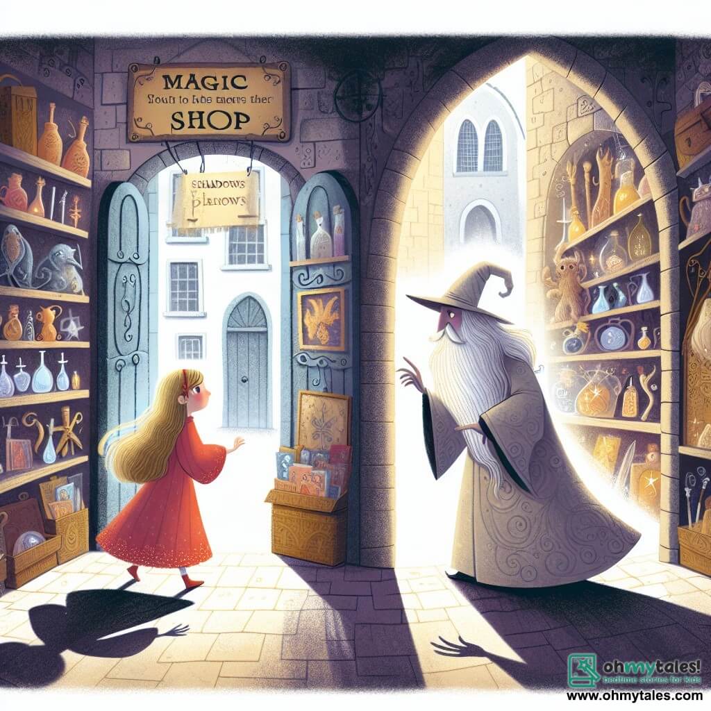 Une illustration destinée aux enfants représentant une jeune fille intrépide découvrant un mystérieux magasin de magie dans une ruelle étroite et sinueuse de la ville, accompagnée d'un sage sorcier à la longue barbe blanche, dans une boutique remplie d'objets enchantés et de symboles énigmatiques, où les ombres dansent et murmurent des secrets.