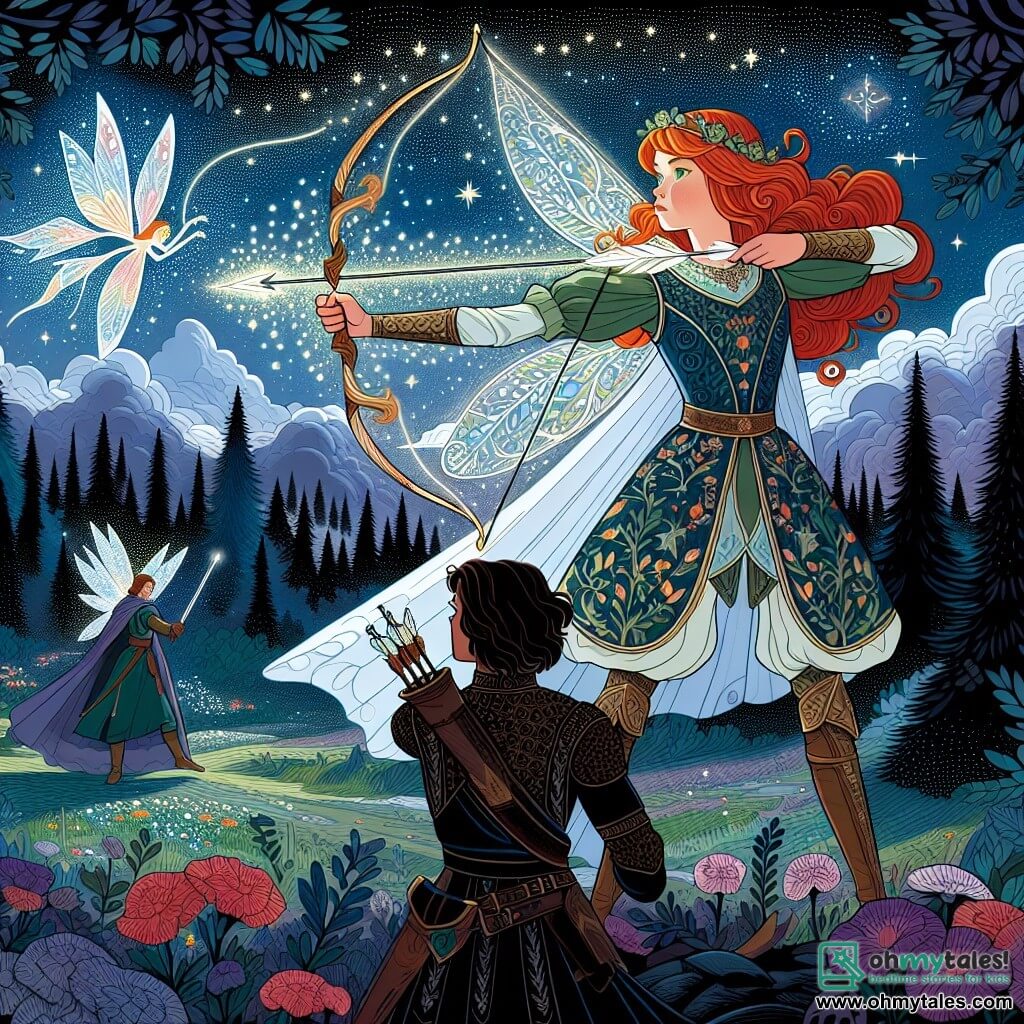 Une illustration sous forme de dessin destinée aux enfants représentant une vaste clairière enchantée au cœur d'une forêt magique, où une jeune femme aux cheveux roux flamboyants et aux yeux verts pétillants, vêtue d'une armure légère ornée de motifs floraux, tire une flèche scintillante de son arc vers un ciel étoilé, tandis qu'une petite fée aux ailes iridescentes vole autour d'elle, et un roi aux cheveux noirs et à l'armure sombre, regardant avec admiration et détermination, se prépare à l'affronter ensemble contre un mal imminent, symbolisé par des ombres menaçantes se profilant à l'horizon.