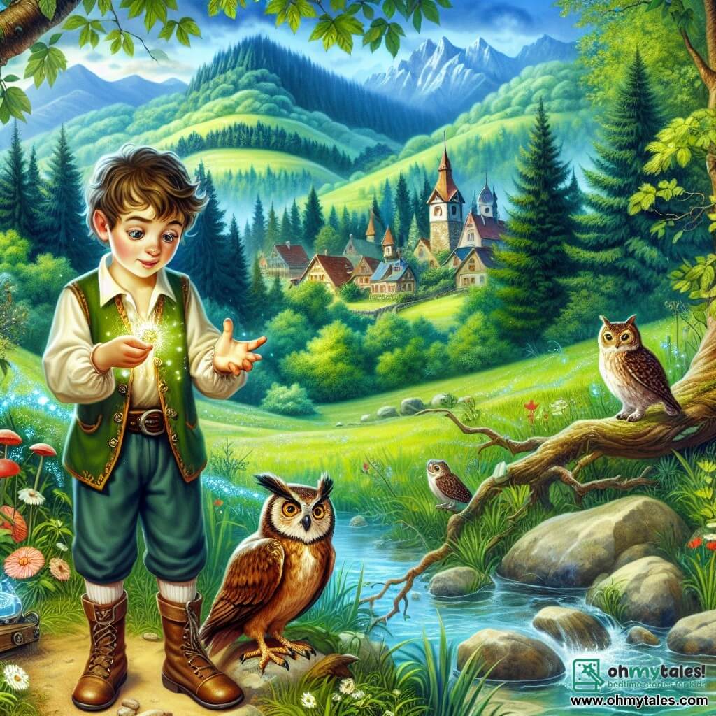 Une illustration destinée aux enfants représentant un garçon curieux découvrant un collier magique dans une clairière enchantée, accompagné d'une sage chouette, dans la pittoresque ville de Willow Creek, entourée de collines verdoyantes et de forêts luxuriantes.