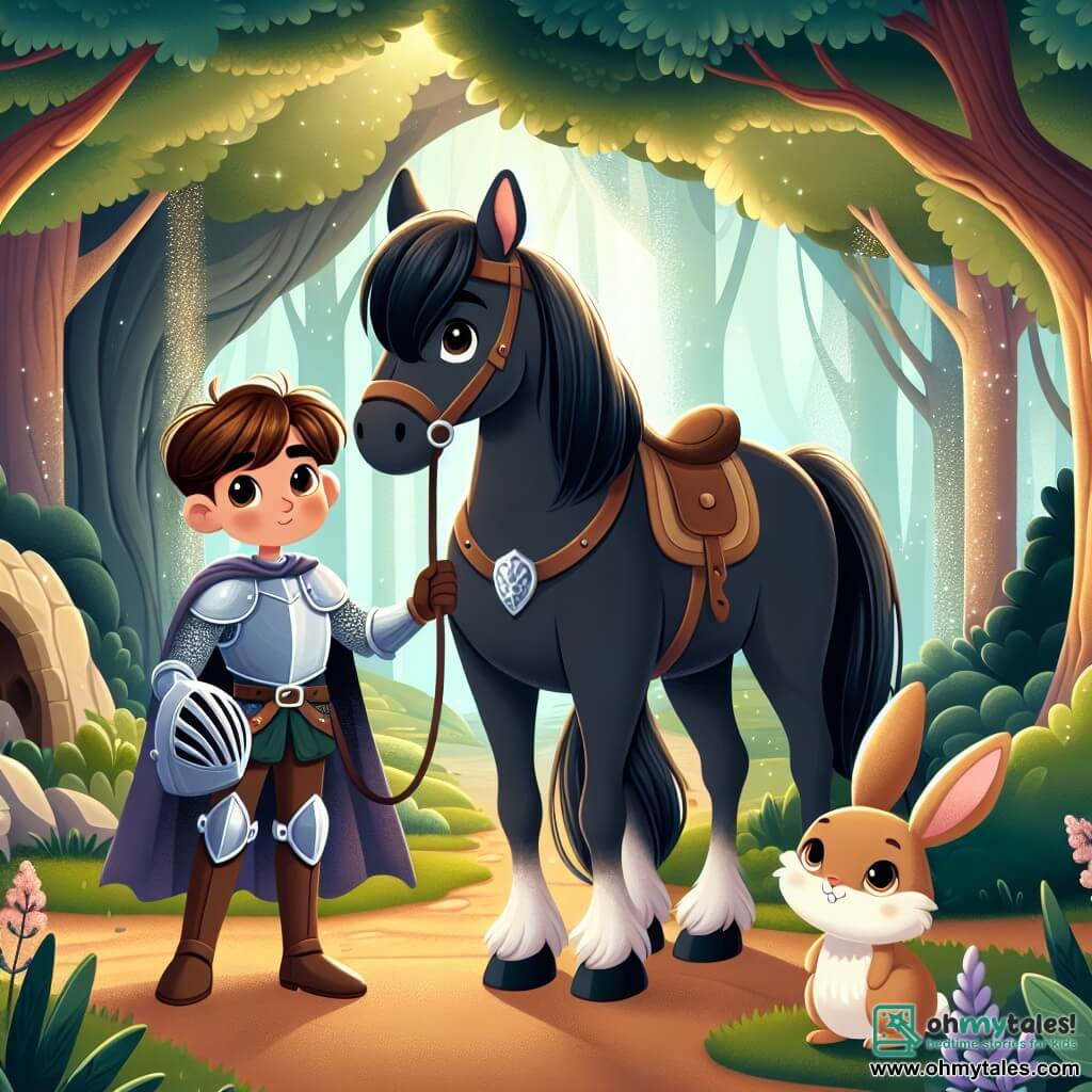 Une illustration sous forme de dessin destinée aux enfants représentant une scène magique dans une forêt enchantée, où un chevalier courageux en armure brillante, avec des cheveux châtains et un regard déterminé, se tient fièrement à côté de son grand cheval noir nommé Thunder, tandis qu'un petit lapin aux grandes oreilles et aux yeux pétillants, nommé Benny, les regarde avec admiration, alors qu'ils se préparent à entrer dans une caverne mystérieuse, entourés d'arbres majestueux aux feuilles scintillantes et d'une lumière douce filtrant à travers les branches, symbolisant l'aventure et l'amitié.