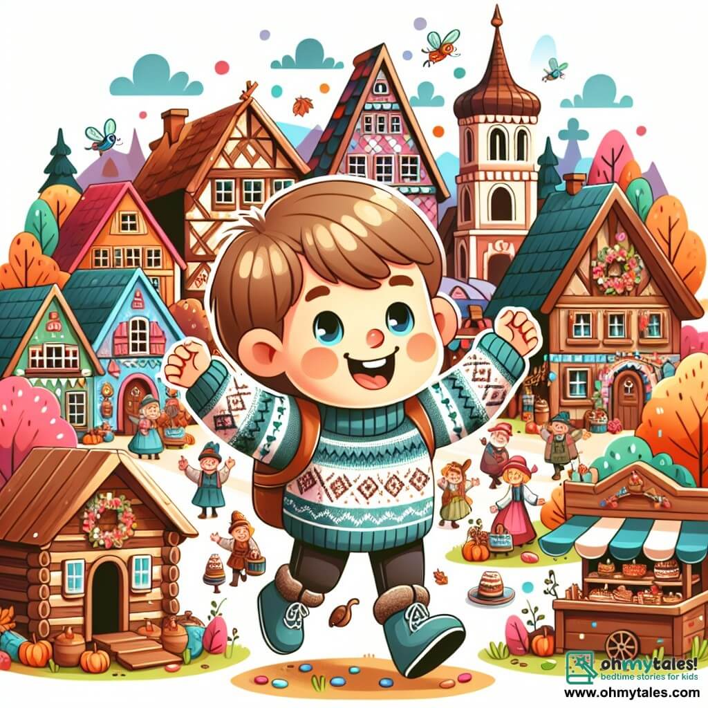 Une illustration destinée aux enfants représentant un joyeux petit garçon vêtu d'un pull douillet, qui explore un village pittoresque aux maisons en bois colorées, alors qu'il participe à un festival automnal rempli de magie et de délices sucrés.