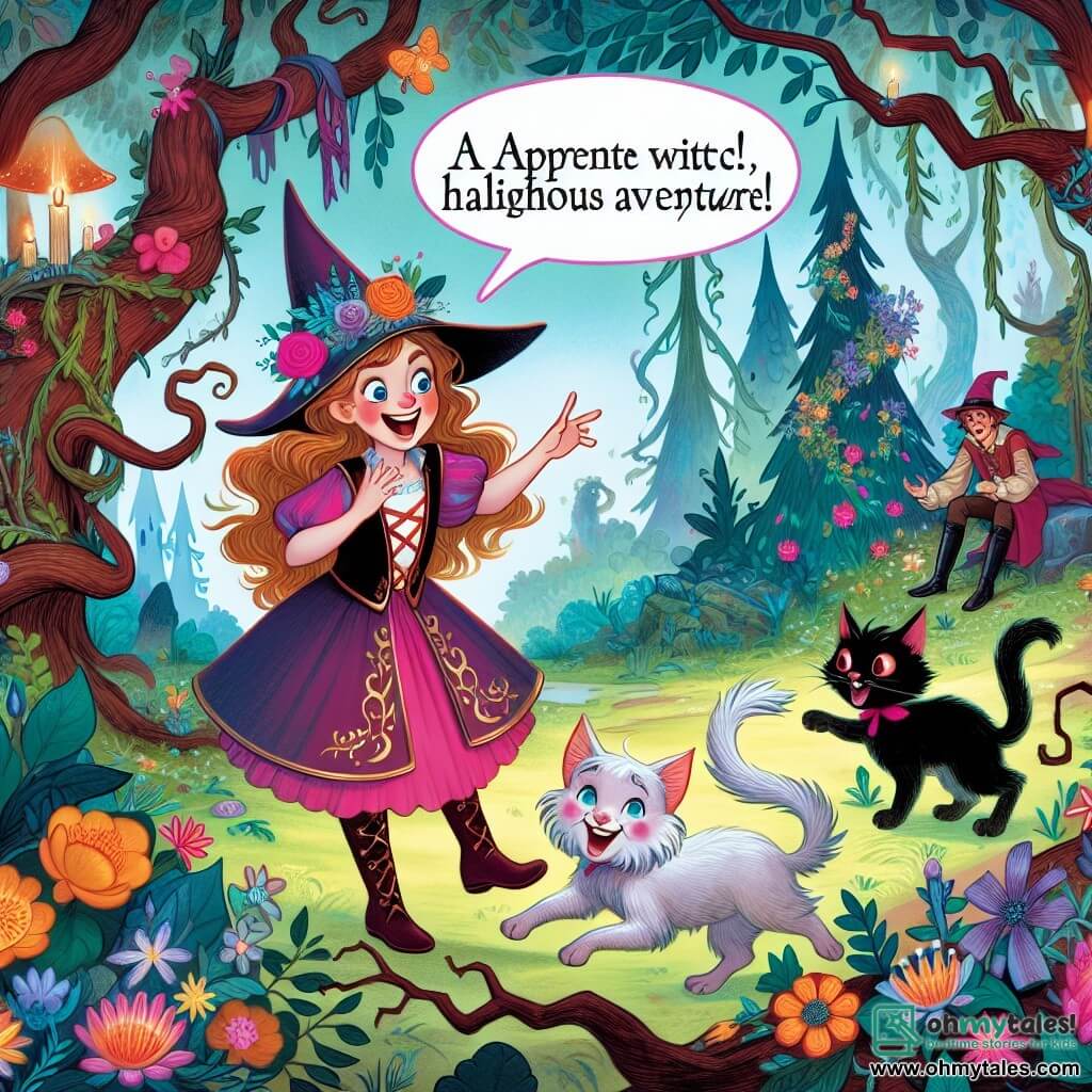 Une illustration destinée aux enfants représentant une apprentie sorcière espiègle, vivant des aventures magiques et hilarantes avec un chat qui parle, dans une forêt enchantée remplie de fleurs colorées et d'arbres aux branches tordues.