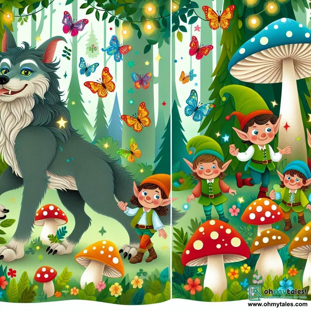 Une illustration destinée aux enfants représentant un loup-garou farfelu, accompagné d'un groupe de petits lutins espiègles, dans une forêt enchantée remplie de champignons lumineux et de papillons multicolores.
