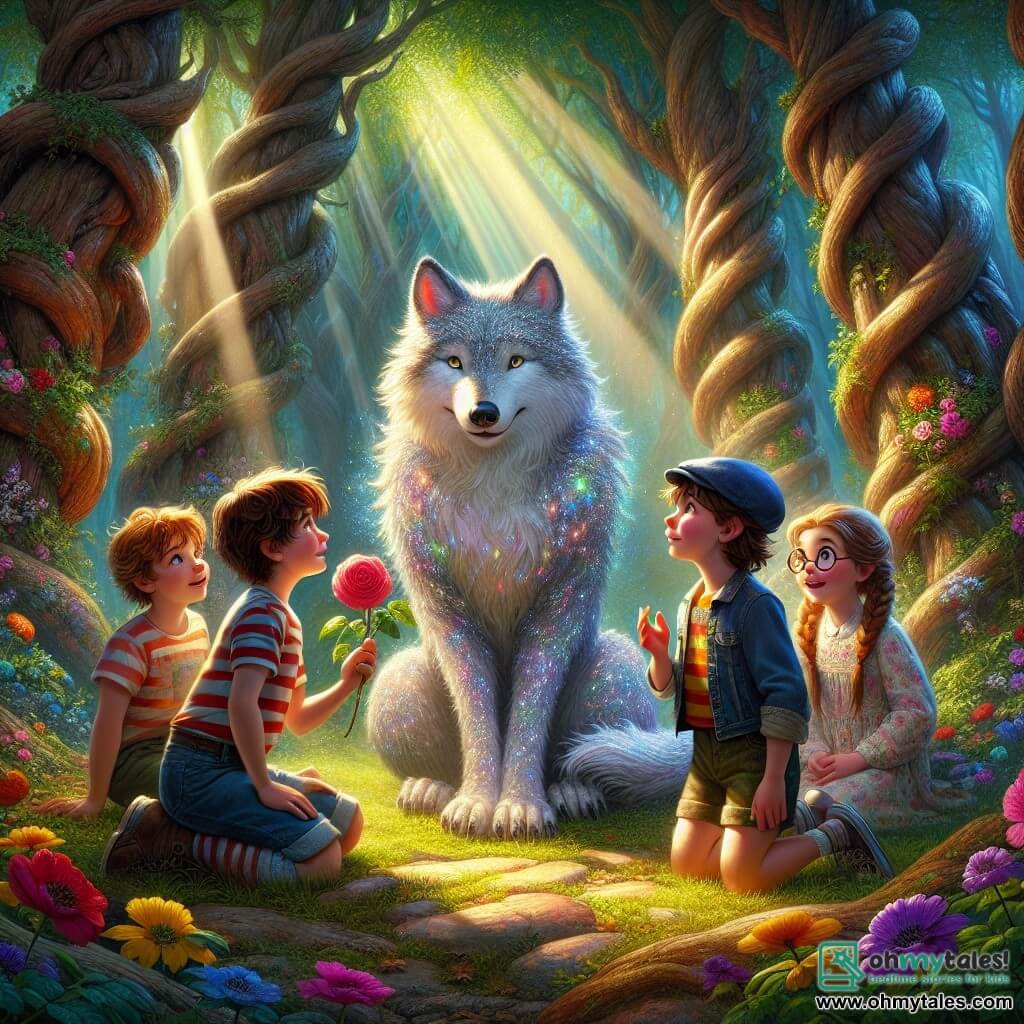 Illustration destinée aux enfants représentant une scène envoûtante dans une clairière lumineuse au cœur de la forêt mystérieuse, où de grands arbres aux troncs noueux s'élèvent vers le ciel, leurs feuilles dansant doucement dans le vent. Au centre, un groupe de quatre enfants de 9 ans : deux garçons aux cheveux châtains, l'un portant un t-shirt rayé et l'autre une casquette bleue, et deux filles, l'une avec des tresses blondes et une robe à fleurs, l'autre avec des cheveux bruns et des lunettes rondes, tous regardant avec émerveillement un grand loup au pelage argenté, assis majestueusement devant eux. Le loup, au regard doux et curieux, semble prêt à écouter les enfants qui, avec des expressions de surprise et d'excitation, tiennent un manteau en fourrure scintillant, illustrant le moment où ils découvrent que le Grand Méchant Loup n'est pas si méchant après tout. Des fleurs colorées et des rayons de soleil filtrant à travers les branches ajoutent une touche de magie à cette scène d'amitié naissante.