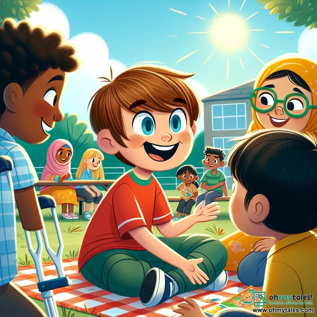 Une illustration sous forme de dessin destinée aux enfants représentant une scène animée dans la cour d'une école ensoleillée, où un garçon de 11 ans aux cheveux bruns et aux yeux bleus, souriant et vêtu d'un t-shirt rouge, tend la main pour inviter une nouvelle élève, une fille aux cheveux noirs et aux lunettes vertes, à se joindre à lui et à ses amis, un garçon aux cheveux blonds et un autre garçon avec un handicap utilisant des béquilles, tous assis ensemble sur une couverture de pique-nique, partageant des rires et des histoires, symbolisant la tolérance et l'acceptation des différences.