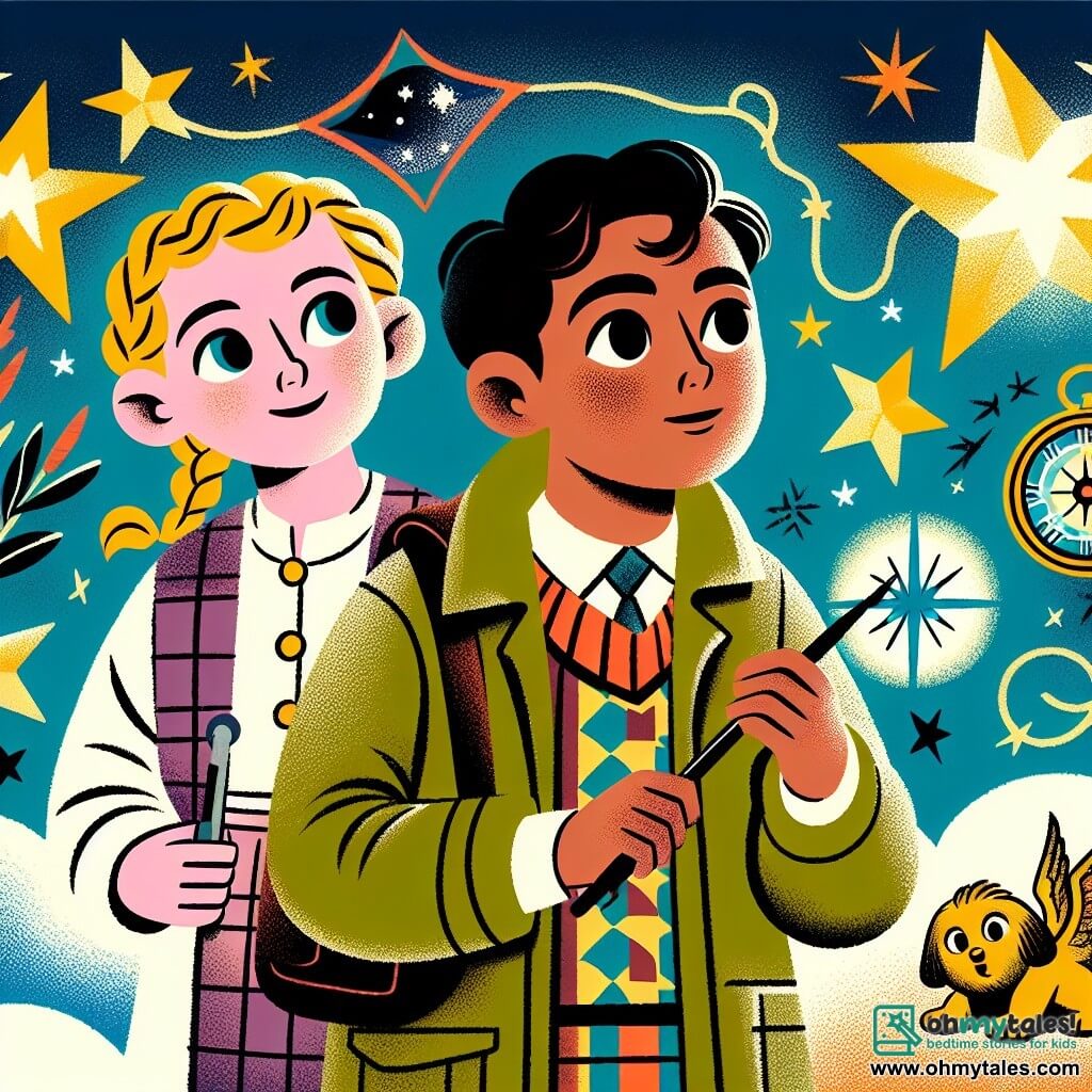 Une illustration destinée aux enfants représentant un jeune garçon intrépide et curieux, accompagné de son fidèle amie, explorant un passage secret caché derrière des étoiles lumineuses dans sa chambre à Sunnyvale.