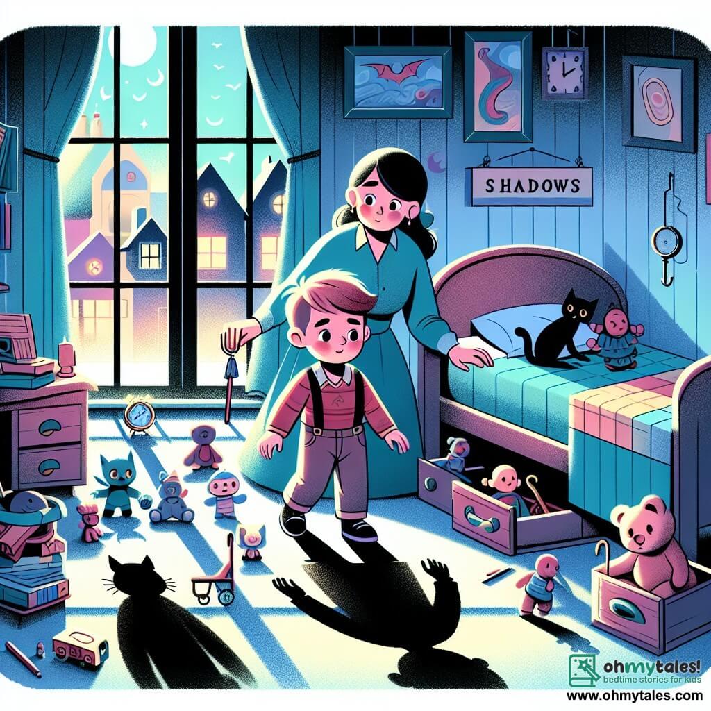 Une illustration destinée aux enfants représentant un jeune garçon courageux, confronté à sa peur du noir, accompagné de sa mère bienveillante, explorant leur chambre remplie de mystérieuses ombres et de jouets colorés, dans une petite ville endormie.