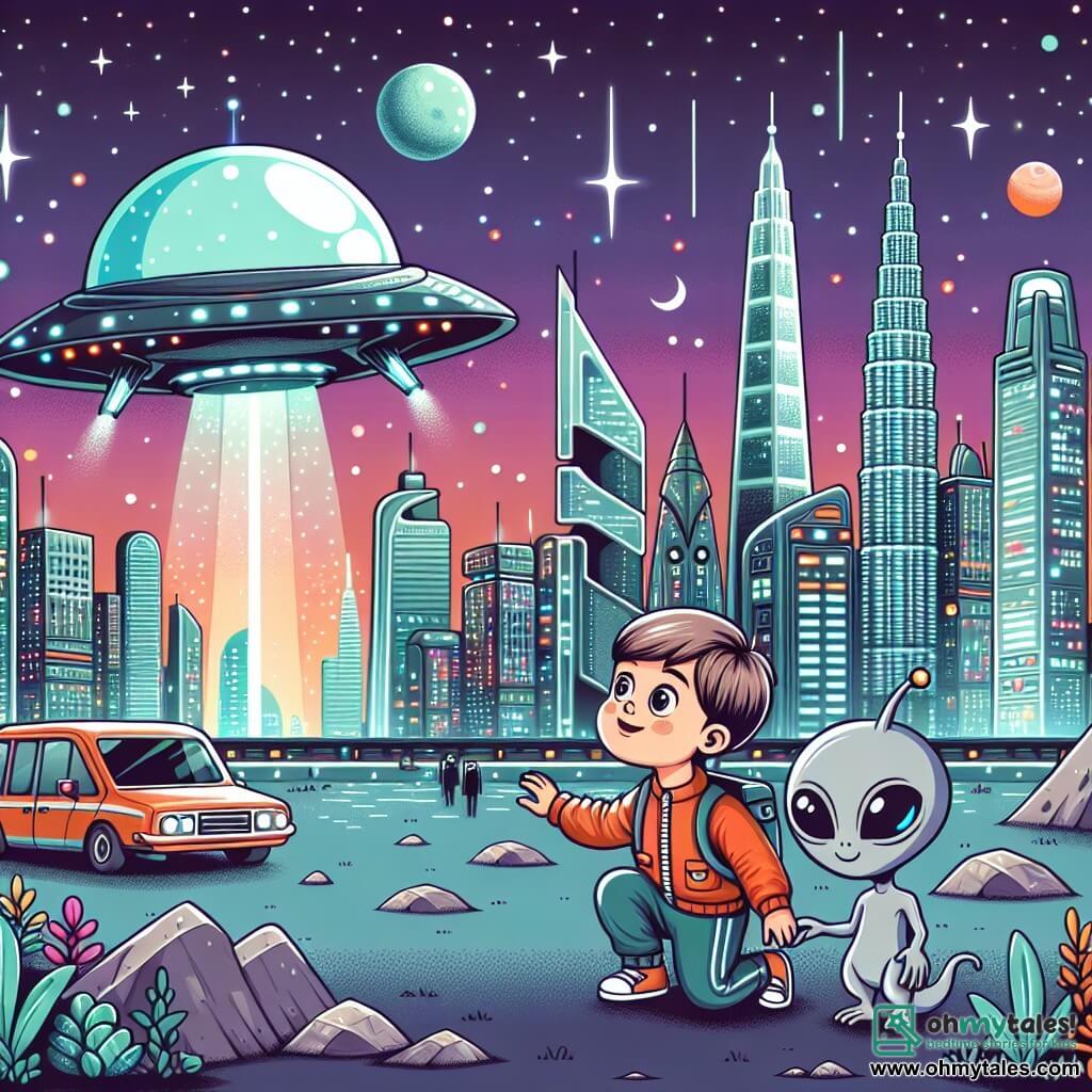 Une illustration destinée aux enfants représentant un garçon curieux découvrant un vaisseau spatial étranger, accompagné d'un extraterrestre bienveillant, dans la ville futuriste de Lumina, avec ses gratte-ciel scintillants et ses voitures volantes.