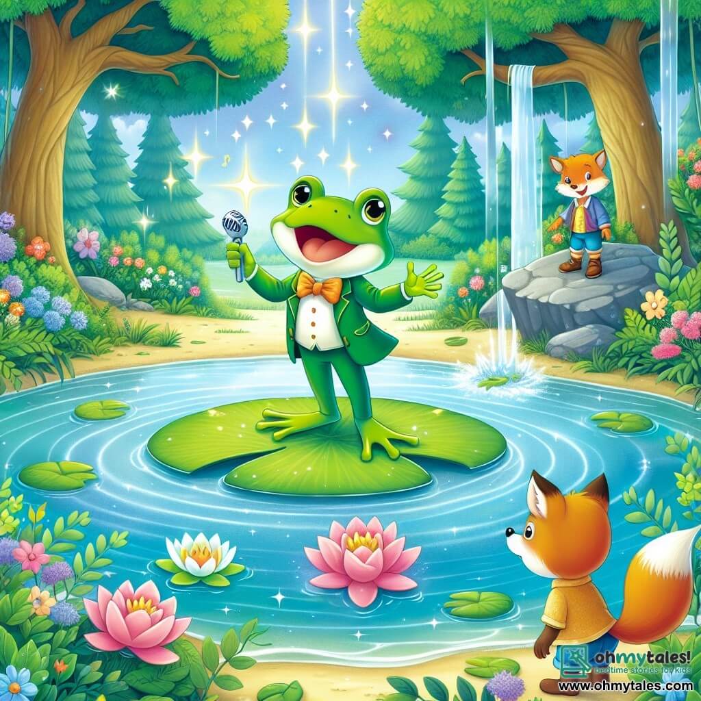 Une illustration destinée aux enfants représentant une charmante grenouille chanteuse, une grenouille garçon aux dons magiques, se tenant sur un nénuphar au milieu d'un étang scintillant entouré d'arbres majestueux et de fleurs colorées, tandis qu'un renard curieux, un garçon, l'observe avec admiration depuis la rive.