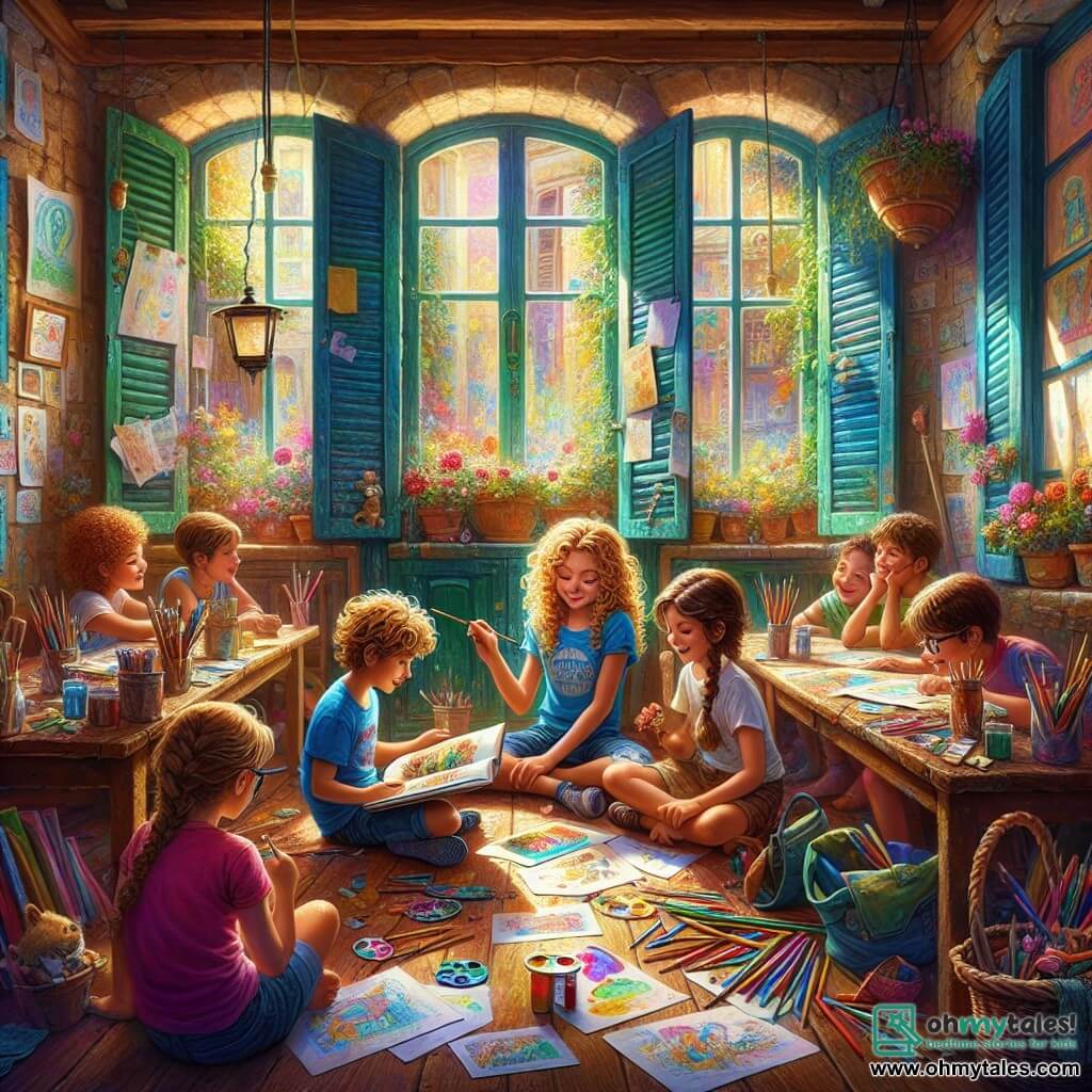 Illustration depicting a vibrant and warm scene inside a community center. The place is an old building with colorful walls, wooden shuttered windows, surrounded by a flower garden and the laughter of children. Inside, tables are covered with colorful drawings and open books, creating a welcoming and joyful atmosphere. In the foreground, an 11-year-old girl with shiny curly blonde hair wears a blue t-shirt and denim shorts. She has a big smile on her face and sparkling curious eyes. Sitting on the floor, surrounded by children, she enthusiastically shows an illustrated book, captivating her peers' attention. Among the children, an 11-year-old boy with messy brown hair and glasses listens attentively, eyes wide with wonder. Next to him, a 10-year-old girl with braided brown hair holds a paint palette and looks at the book with an inspired smile, ready to create her own artwork. The main scene shows the girl sharing her passion for reading and art, creating a moment of connection and joy within the community. Crayons, paintbrushes, and sheets of paper are scattered around them, adding a touch of creativity to the illustration. Sunlight streams through the windows, illuminating the scene with a soft and warm light, symbolizing hope and solidarity.