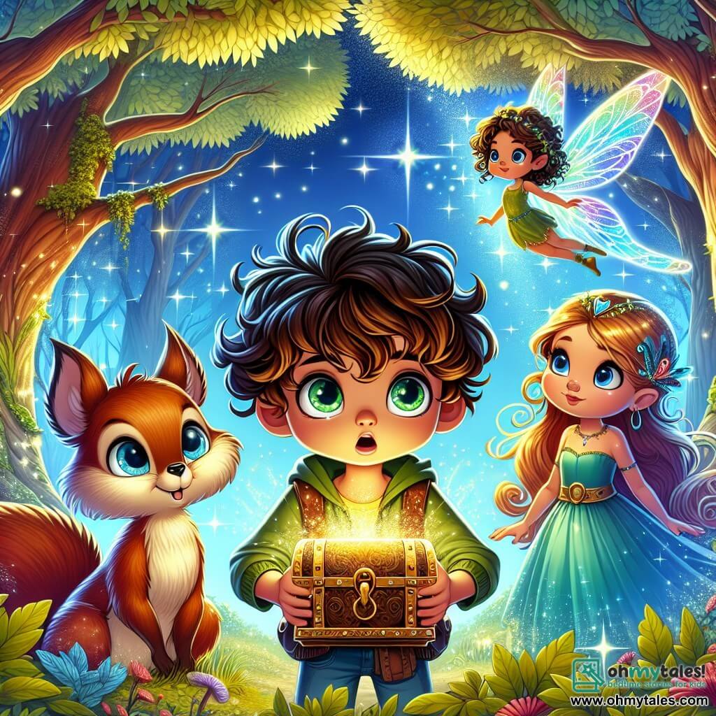 Une illustration sous forme de dessin destinée aux enfants représentant une forêt enchantée aux couleurs vives, avec des arbres aux feuilles scintillantes et un ciel bleu éclatant, où une fille de 11 ans aux cheveux châtains bouclés et aux yeux verts pétillants se tient courageusement au centre, tenant un petit coffre magique ouvert qui émet une lumière dorée, tandis qu'à ses côtés, un écureuil espiègle à la fourrure brune et une fée aux ailes iridescentes l'observent avec admiration, alors qu'ils se préparent à affronter un sorcier maléfique qui menace leur monde.