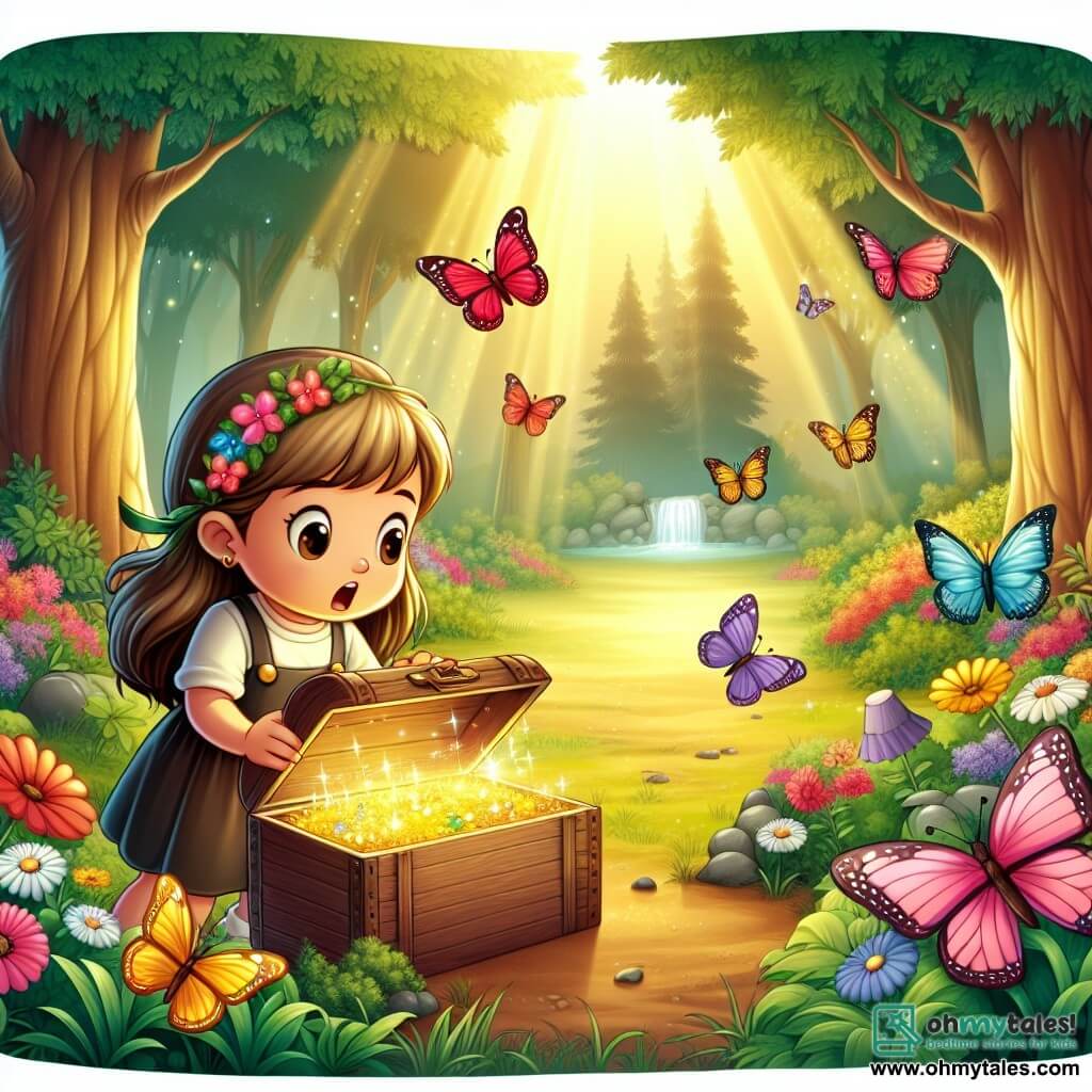 Une illustration destinée aux enfants représentant une jeune fille curieuse découvrant un trésor caché dans une forêt enchantée, accompagnée de papillons colorés, dans une clairière baignée de lumière dorée et d'une cascade étincelante.