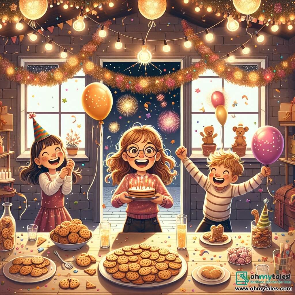 An illustration depicting a warm scene in a basement decorated for a New Year's party. The walls are adorned with colorful garlands and floating balloons, while a table is beautifully set with plates of cookies and sparkling drinks. In the center, an 11-year-old girl with long brown hair and round glasses smiles enthusiastically, holding a balloon in one hand and a tray of cookies in the other. Next to her, her 7-year-old little brother with messy blond hair joyfully waves confetti. They are both ready to surprise their parents who have just entered the room. The atmosphere is filled with excitement, and laughter echoes in the air, while sparkling stars and fireworks are visible through a window, adding a festive touch to the scene.