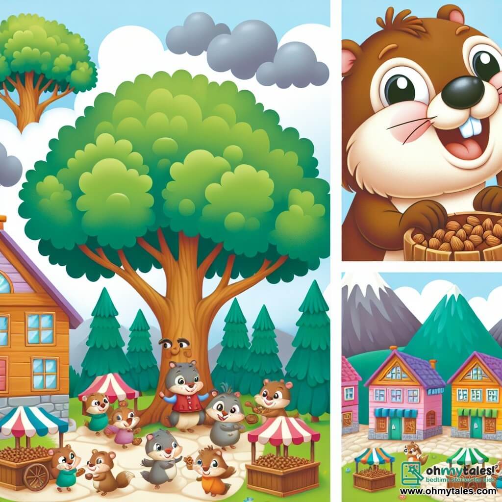 Une illustration destinée aux enfants représentant une marmotte espiègle aux joues bien rondes, une vendeuse de noix sévère, une place de village animée avec des maisons colorées et des animaux bavardant joyeusement sous un grand arbre.