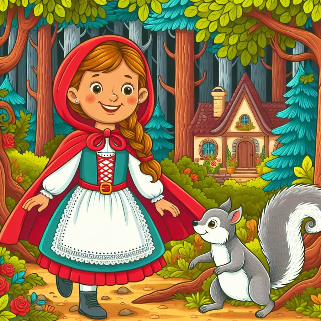 Une illustration destinée aux enfants représentant une jeune fille au sourire éclatant, vêtue d'une cape rouge vif, se promenant dans une forêt enchantée, accompagnée d'un joyeux écureuil parlant, à la recherche de sa grand-mère malade dans une charmante maisonnette cachée parmi les arbres majestueux.