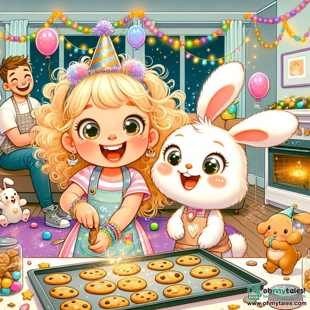 Une illustration sous forme de dessin destinée aux enfants représentant une chaleureuse salle de séjour décorée de guirlandes colorées et de ballons scintillants, où une petite fille de 3 ans aux cheveux blonds bouclés et aux yeux pétillants, portant un joli tablier, s'amuse à préparer des cookies étincelants avec son ami Benny, un petit lapin aux grandes oreilles et au pelage doux, qui porte un chapeau de fête, tandis qu'ils rient ensemble en attendant le compte à rebours du Nouvel An, entourés de leurs parents souriants et de l'odeur délicieuse des biscuits au four.