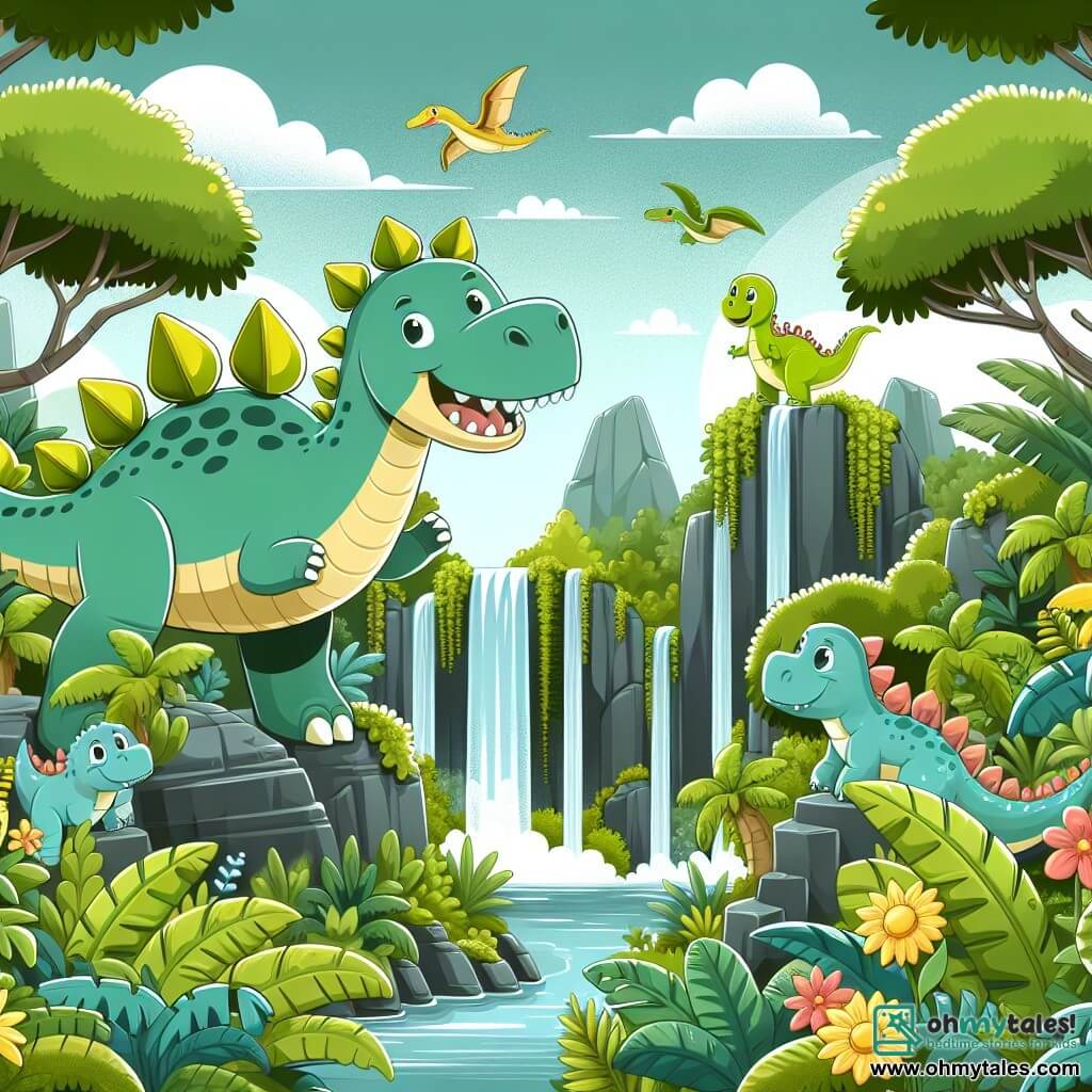 Une illustration destinée aux enfants représentant un magnifique stégosaure aventurier, accompagné d'un joyeux groupe de dinosaures, explorant une forêt luxuriante remplie de plantes géantes et de cascades scintillantes.