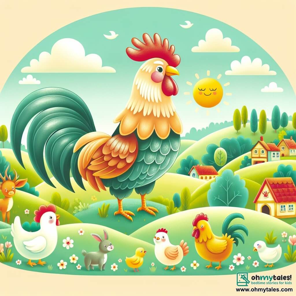 Une illustration destinée aux enfants représentant un magnifique coq aux plumes chatoyantes, se tenant fièrement au sommet d'une colline verdoyante, entouré de ses amis animaux, dans un petit village paisible bordé de douces prairies et de collines vallonnées.