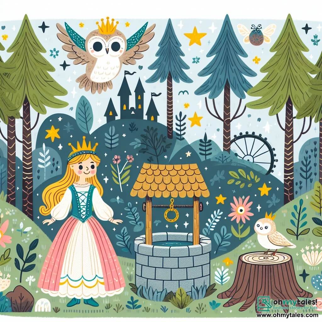 Une illustration destinée aux enfants représentant une princesse courageuse et aimée de tous, accompagnée d'un fidèle hibou, se trouvant dans un royaume enchanté rempli de forêts magiques, de créatures féeriques et d'un puits mystérieux.