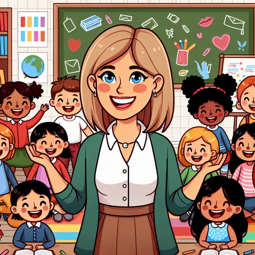 Une illustration destinée aux enfants représentant une institutrice passionnée, entourée d'une classe joyeuse et colorée, dans une salle de classe remplie de livres, de dessins et de matériel éducatif.