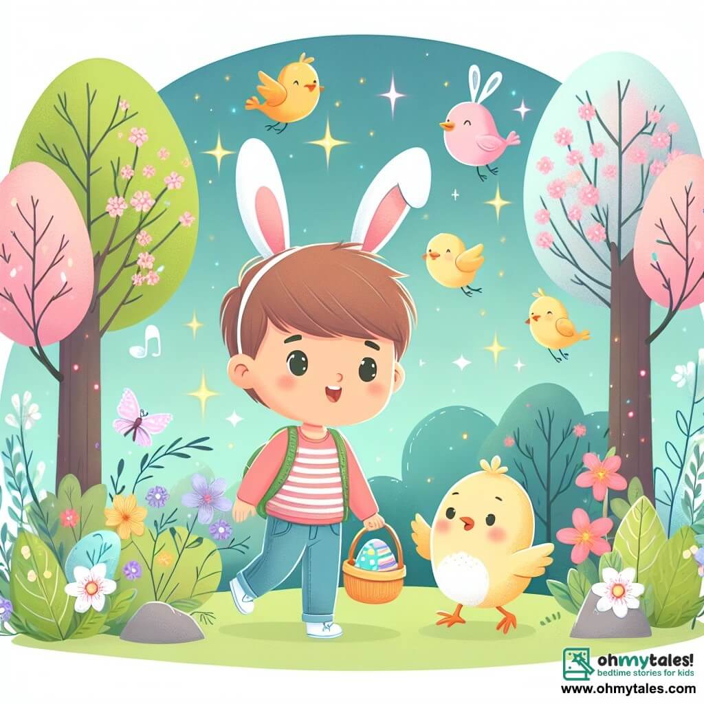 Une illustration destinée aux enfants représentant un petit garçon aux oreilles de lapin, accompagné d'un adorable poussin, explorant une forêt magique aux arbres fleuris et aux oiseaux chantants lors d'une chasse aux œufs de Pâques.