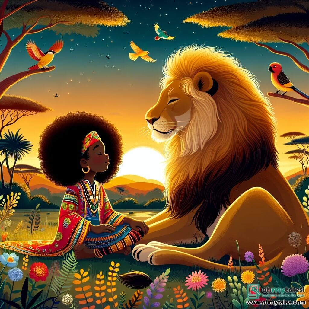 Une illustration sous forme de dessin destinée aux enfants représentant une vaste forêt africaine baignée par la lumière dorée du soleil couchant, avec une jeune femme aux cheveux noirs et bouclés, vêtue d'une robe colorée, écoutant attentivement une majestueuse lionne à la fourrure dorée qui se tient à ses côtés, dans un moment de partage de sagesse et de connexion avec la nature, tandis que des oiseaux colorés volent autour d'eux et que des fleurs sauvages éclosent sur le sol, symbolisant l'harmonie et la magie de la vie sauvage.