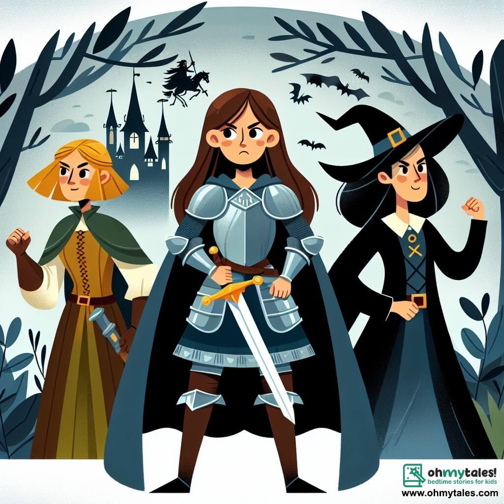 Une illustration destinée aux enfants représentant une courageuse chevalière, une sorcière maléfique, une forêt sombre et mystérieuse.