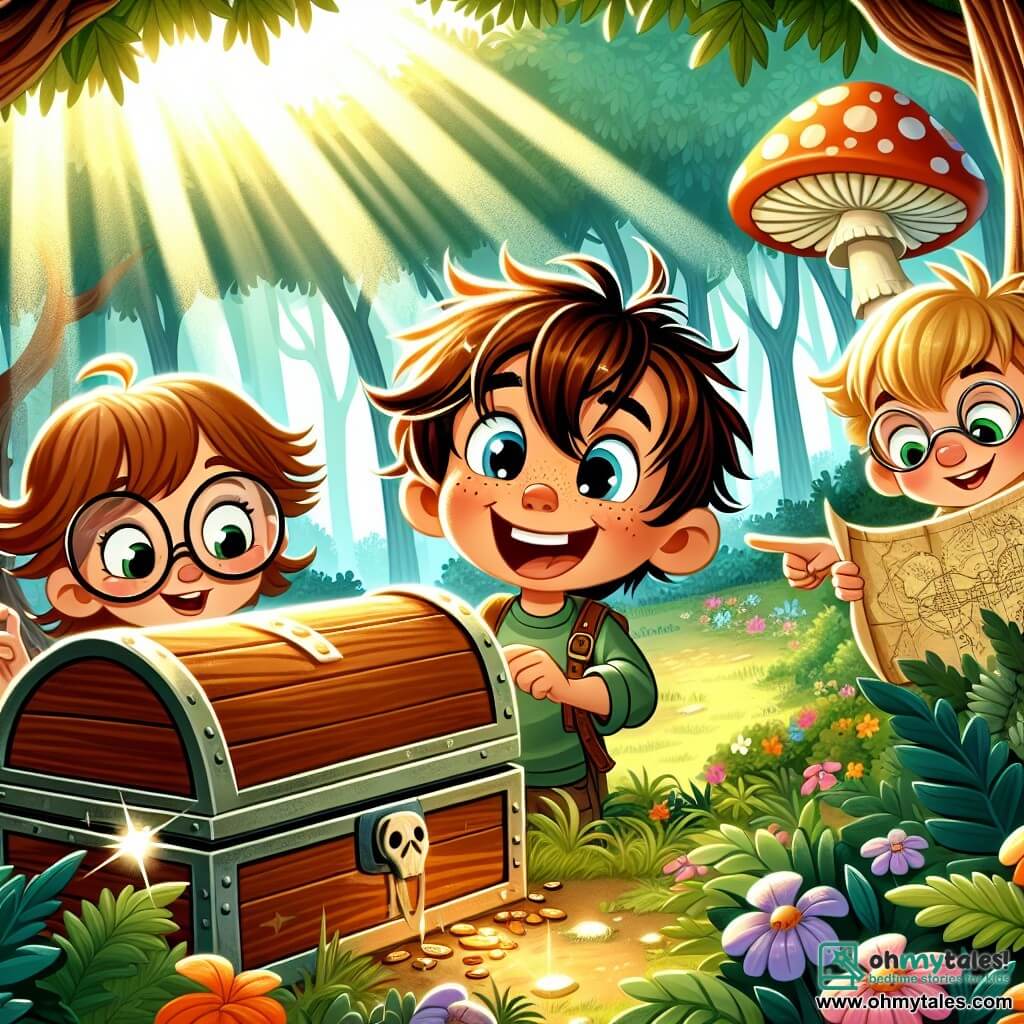 Une illustration sous forme de dessin destinée aux enfants représentant une clairière ensoleillée au cœur de la forêt de Whispering Woods, où un garçon de 7 ans aux cheveux bruns en bataille et aux yeux pétillants explore avec enthousiasme un vieux coffre en bois, tandis qu'à ses côtés, une fille aux cheveux châtains et aux lunettes rondes observe attentivement une carte ancienne, et un garçon au sourire audacieux, aux cheveux blonds, pointe du doigt un arbre en forme de champignon, tous trois entourés de fleurs colorées et de rayons de soleil filtrant à travers les feuilles, illustrant leur quête d'aventure et de trésors cachés.
