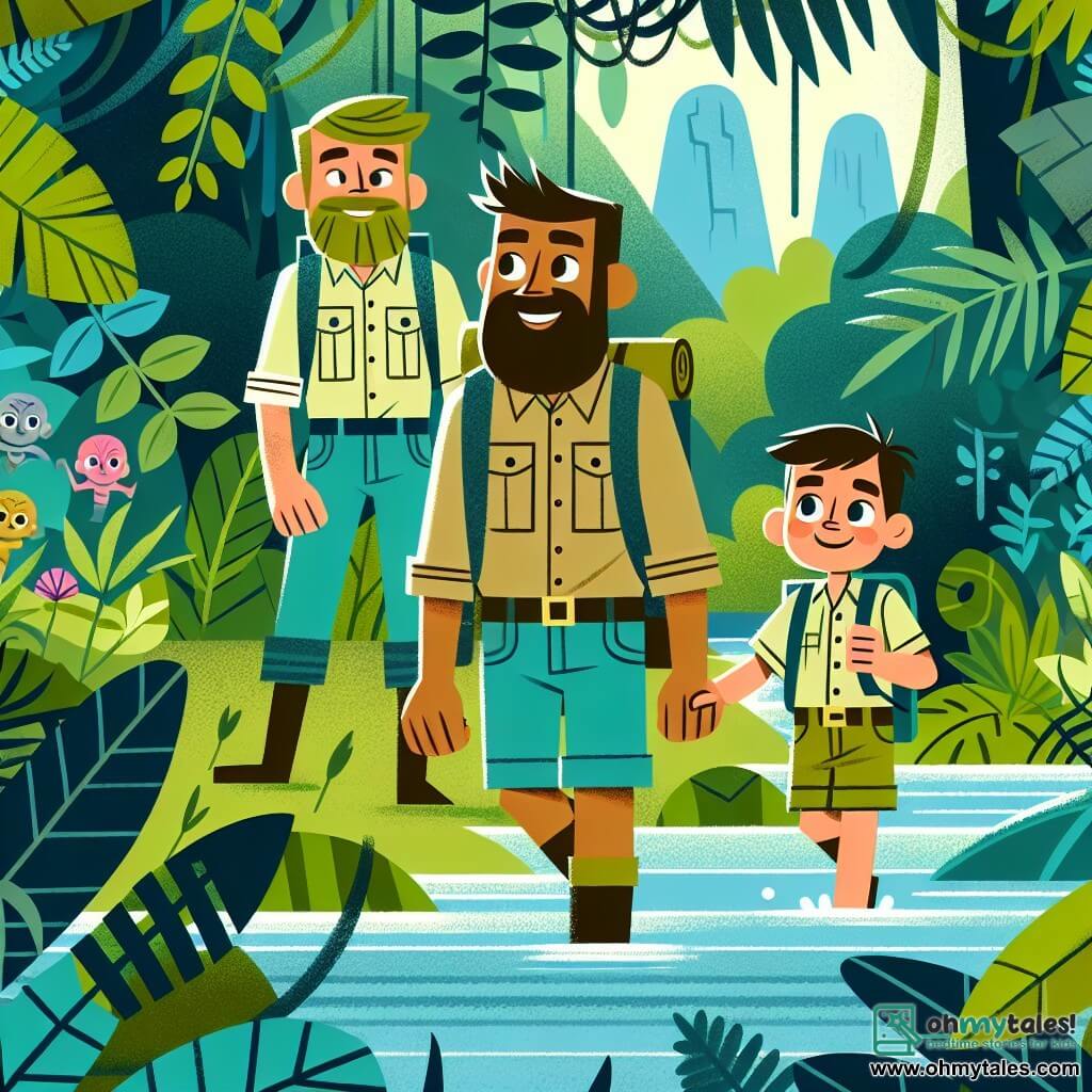 Une illustration destinée aux enfants représentant un homme barbu et enthousiaste, accompagné d'une jeune fille et d'un garçon, explorant une jungle luxuriante remplie de mystères et de secrets anciens.
