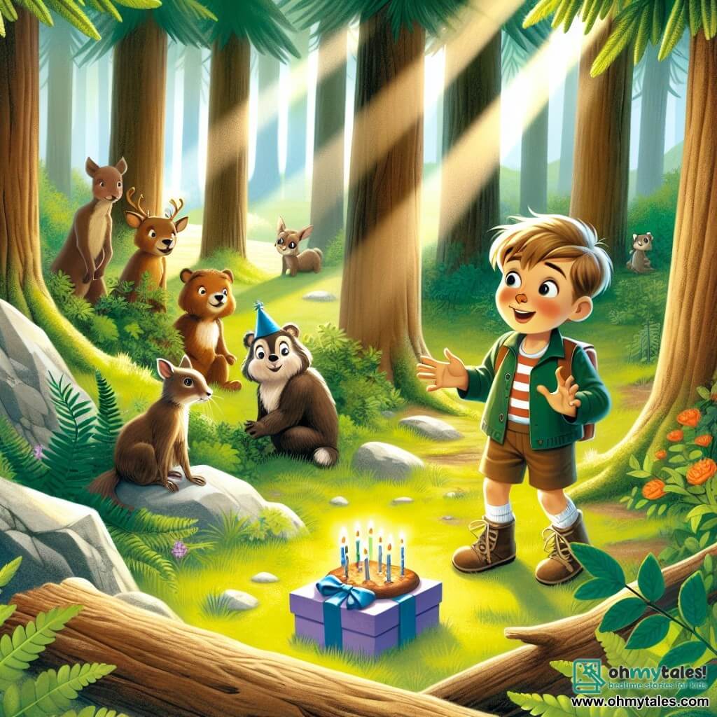 Une illustration destinée aux enfants représentant un garçon curieux et joueur, découvrant une fête d'anniversaire magique organisée par des animaux de la forêt, dans une clairière enchantée entourée de grands arbres verdoyants et baignée par la lumière douce du soleil filtrant à travers les feuilles.