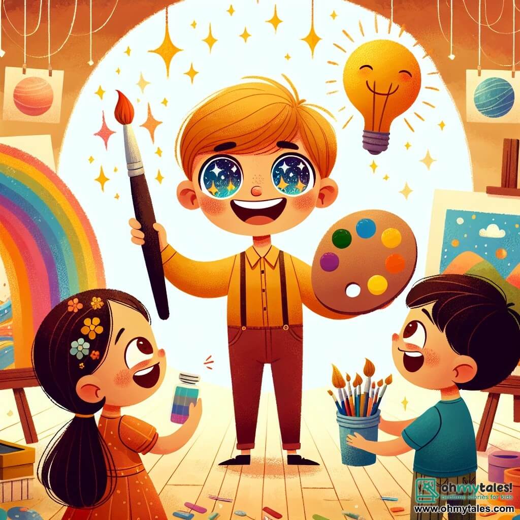 Une illustration destinée aux enfants représentant un artiste aux yeux pétillants, une palette de couleurs à la main, partageant sa passion avec deux enfants émerveillés, dans un studio chaleureux rempli de toiles colorées et de pinceaux magiques.