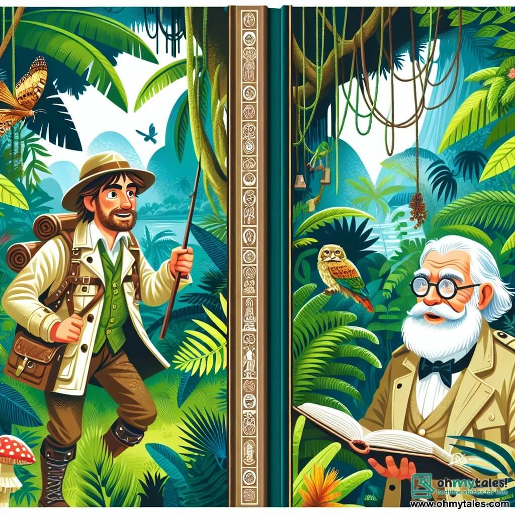 Une illustration destinée aux enfants représentant un explorateur courageux, un professeur de botanique excentrique, et une jungle luxuriante et mystérieuse où se déroule une aventure palpitante.