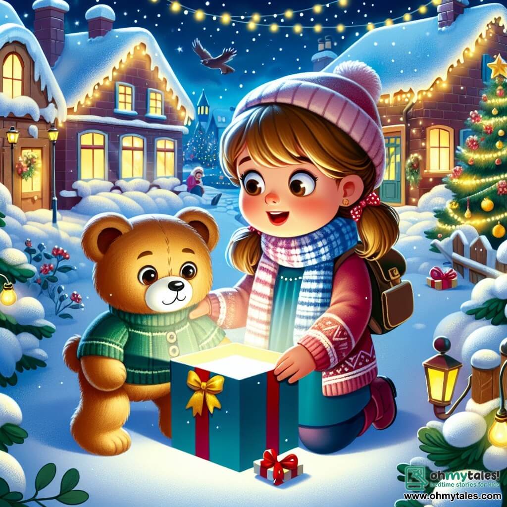 Une illustration destinée aux enfants représentant une fille curieuse et aventureuse découvrant un mystérieux cadeau de Noël, en compagnie de son fidèle ours en peluche, dans une petite ville enneigée, illuminée par des lumières scintillantes et des décorations festives.