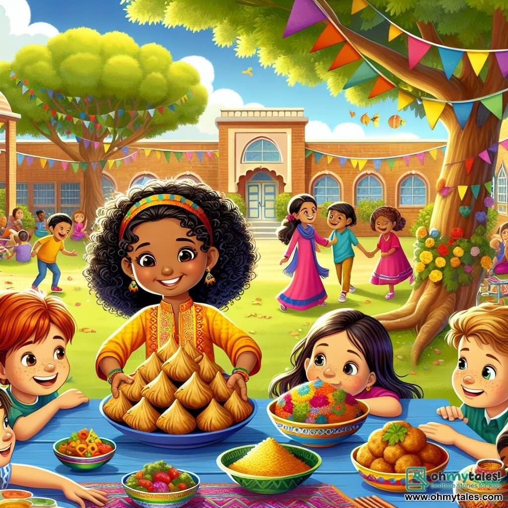 The illustration depicts a vibrant scene in a sunny primary school courtyard, surrounded by majestic trees and colorful playground equipment. In the center, a group of children is gathered around a table adorned with colorful fabrics and traditional dishes, creating a festive and welcoming atmosphere. Among them, a nine-year-old Indian girl with curly black hair and sparkling eyes wears a bright yellow kurta. She smiles warmly while presenting samosas to her peers. Next to her, a nine-year-old boy with red hair and freckles wears a blue t-shirt and curiously looks at the dishes, ready to taste. Another girl of Hispanic descent, with long brown hair and a pink dress, leans forward with a smile, intrigued by the food. The main scene shows these children sharing dishes from a different culture, illustrating a moment of discovery and friendship. In the background, other children play joyfully, while a colorful sign reads "Unity Week," reinforcing the theme of diversity and inclusion. Colorful balloons float in the air, adding a festive touch to this scene of harmony and respect.